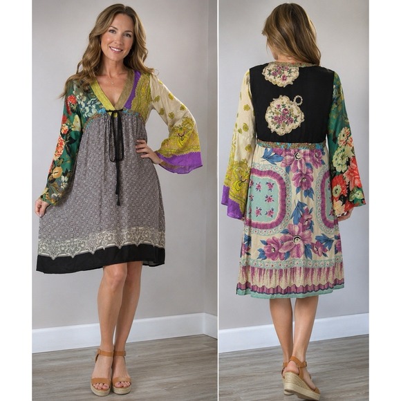 Rare Tops - RARE 100% Silk Patchwork Tunic Dress Boho Bell Sleeve Italy Size 44 Medium